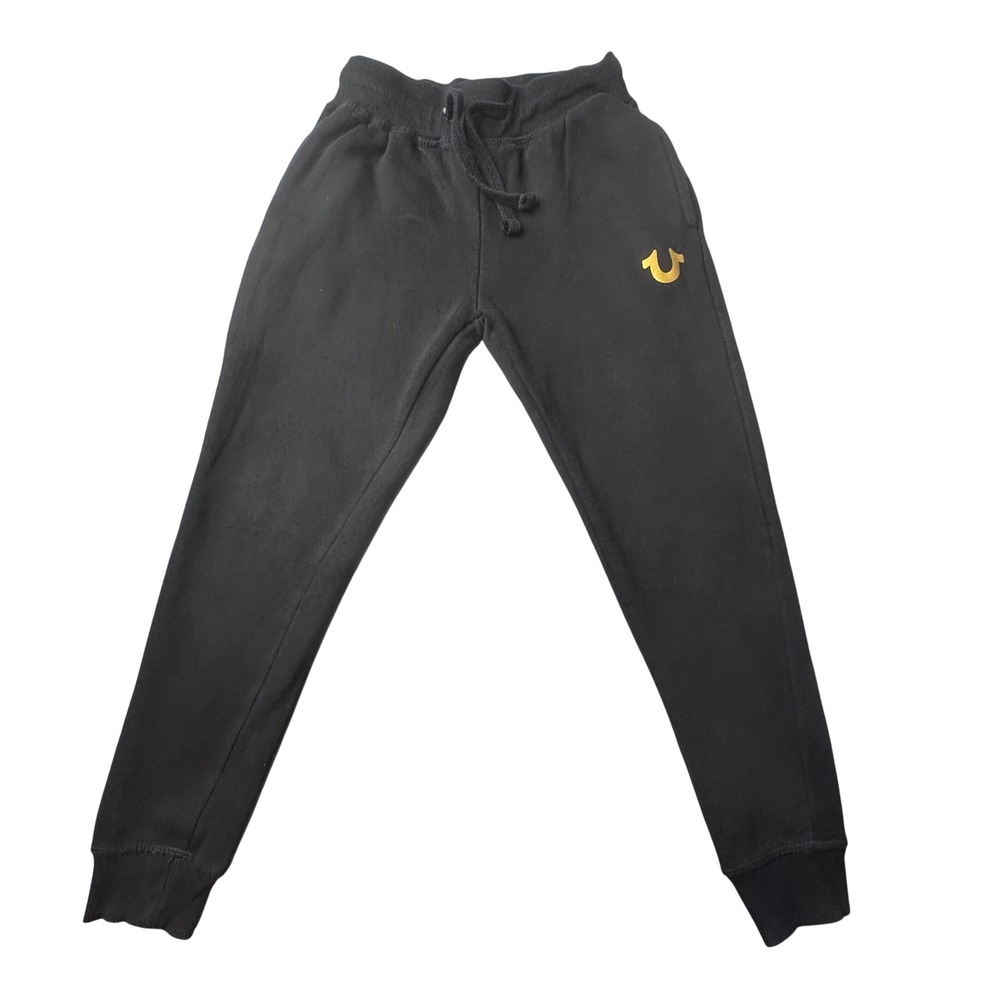 True Religion Sweatpants Boys Size 8 Black Gold Horseshoe Logo Joggers Fleece